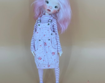 BJD Outfit Set for Landoudou Doll 27 cm | Pink Corduroy Dress, Striped Top, Socks, Tights & Leather Shoes | Handmade Gugumoda