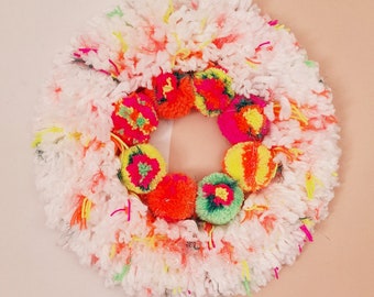 Pom Pom Wreath, Birthday Wreath, Yarn Wreath, Neon, Bright Decorations, Pom pom wall art, Wall hanging, Anthro style, Fun decoration