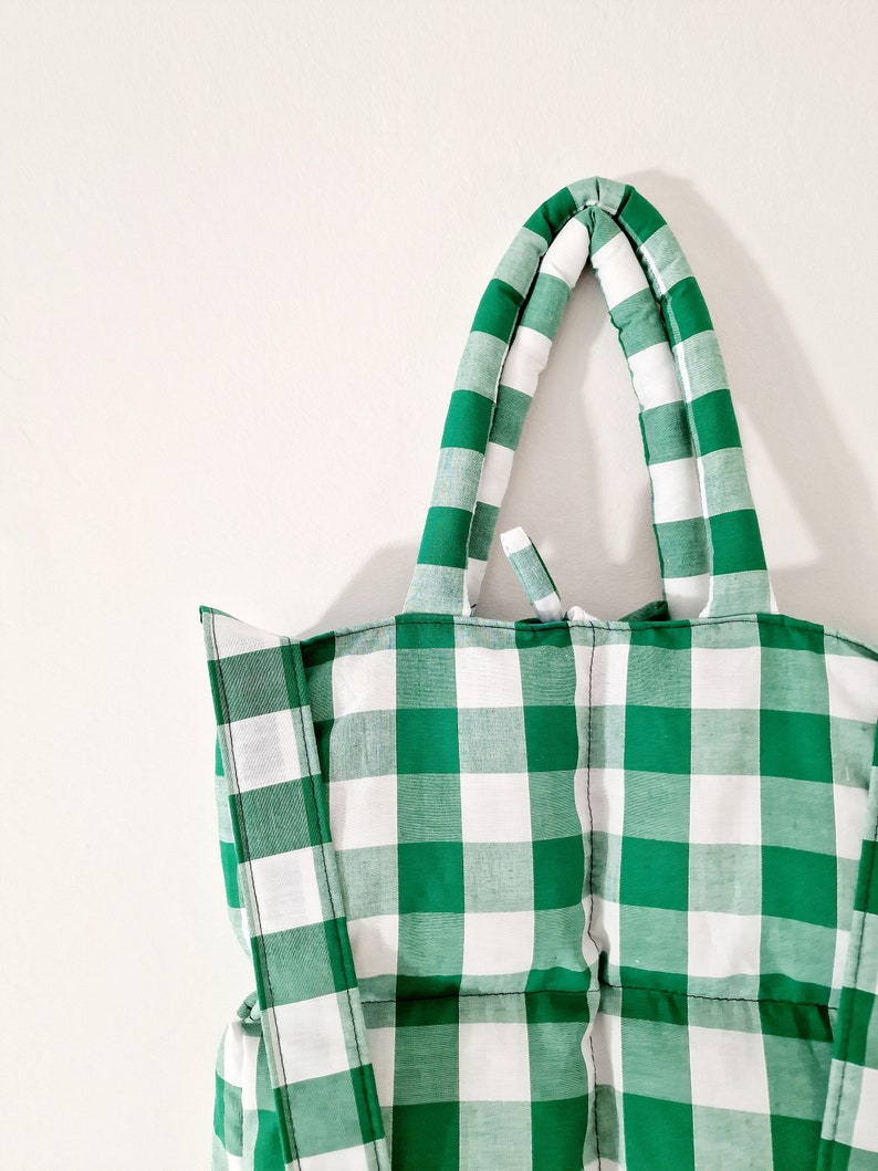 Tote bag, Gingham Tote Bag, Quilted bag, Long strap bag, Handbag, Green, Padded bag, Cute Tote bag, Everyday bag image 4