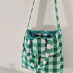 Tote bag, Gingham Tote Bag, Quilted bag, Long strap bag, Handbag, Green, Padded bag, Cute Tote bag, Everyday bag image 5