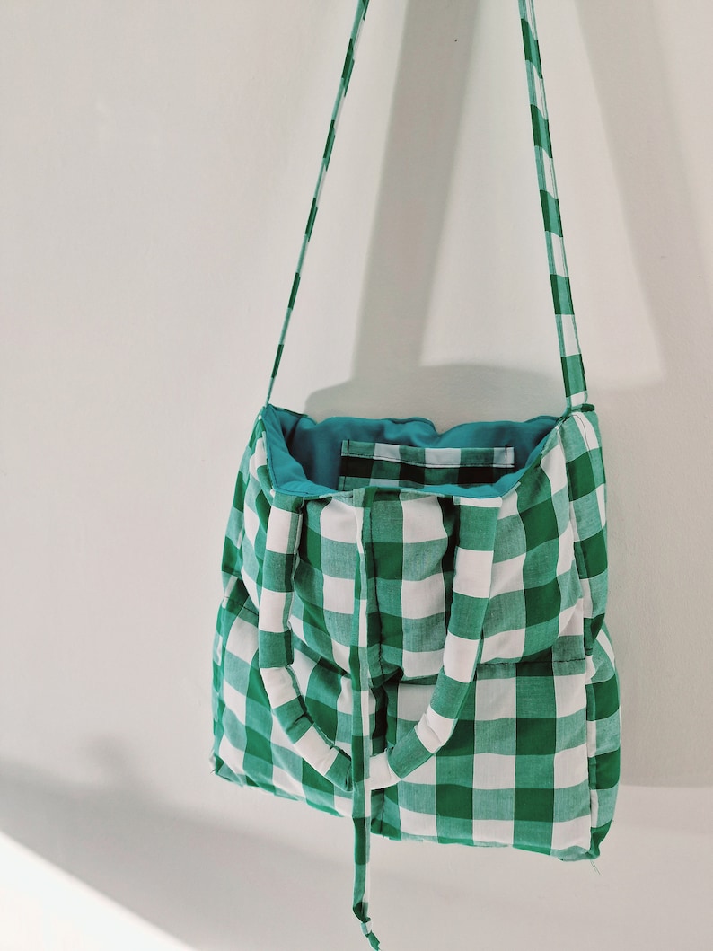 Tote bag, Gingham Tote Bag, Quilted bag, Long strap bag, Handbag, Green, Padded bag, Cute Tote bag, Everyday bag image 5