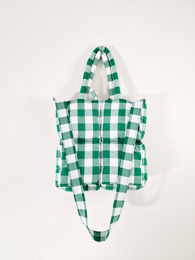 Tote bag, Gingham Tote Bag, Quilted bag, Long strap bag, Handbag, Green, Padded bag, Cute Tote bag, Everyday bag image 3