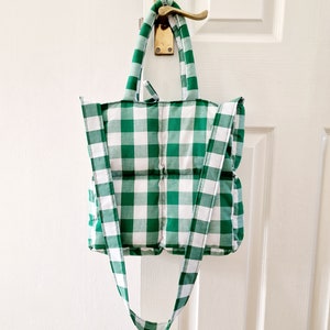 Tote bag, Gingham Tote Bag, Quilted bag, Long strap bag, Handbag, Green, Padded bag, Cute Tote bag, Everyday bag image 2
