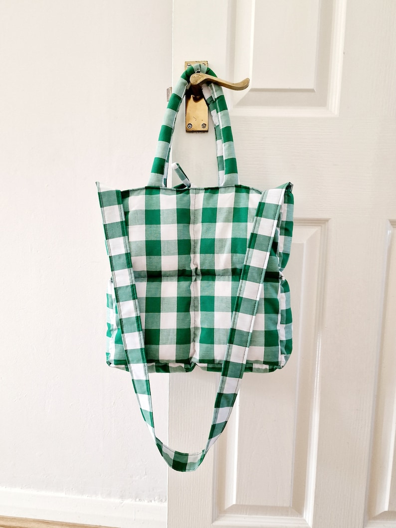 Tote bag, Gingham Tote Bag, Quilted bag, Long strap bag, Handbag, Green, Padded bag, Cute Tote bag, Everyday bag image 2