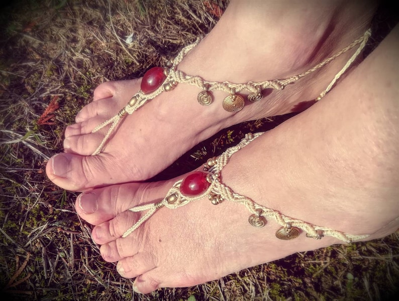 Carnelian creme white Barefootsandals Macrame Barefoot Sandals or Slave Bracelet