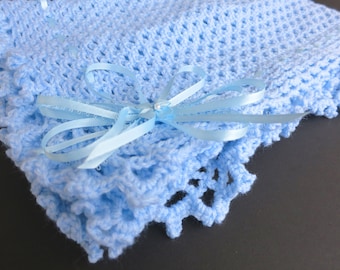 Blue Hand Knit Crochet Afghan Baby Blanket