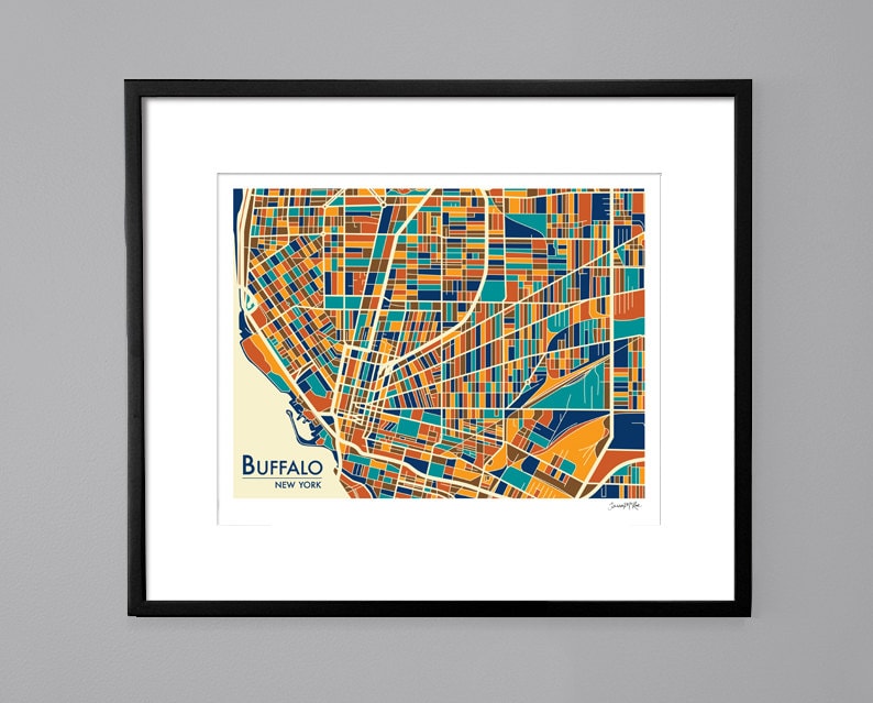 May include: A colorful, abstract map of Buffalo, New York, with a white background and black frame. The map is made up of geometric shapes in shades of orange, yellow, blue, and green.