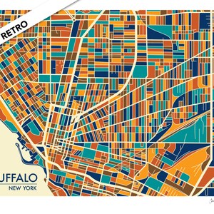 May include: A retro-style map of Buffalo, New York, with a colorful geometric design. The map features a variety of colors, including orange, yellow, blue, green, and brown. The map is labeled "Buffalo, New York" in the lower left corner.