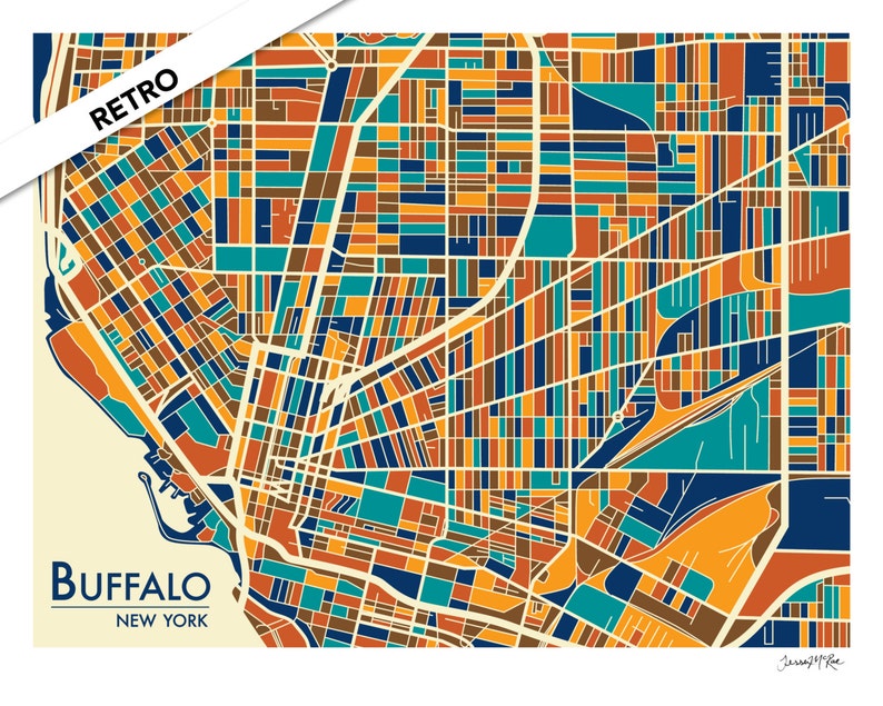 May include: A retro-style map of Buffalo, New York, with a colorful geometric design. The map features a variety of colors, including orange, yellow, blue, green, and brown. The map is labeled "Buffalo, New York" in the lower left corner.