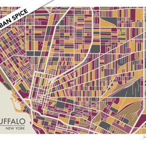 May include: A stylized map of Buffalo, New York, with a color scheme of burgundy, gold, and gray. The map is titled "Buffalo, New York" and has the words "Urban Spice" in the top left corner.