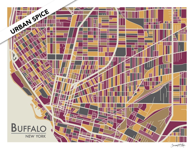 May include: A stylized map of Buffalo, New York, with a color scheme of burgundy, gold, and gray. The map is titled "Buffalo, New York" and has the words "Urban Spice" in the top left corner.
