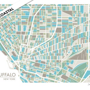 May include: A stylized map of Buffalo, New York, with a coastal theme. The map is divided into blocks of different colors, including blue, green, and brown. The word "COASTAL" is written in white on a gray rectangle in the upper left corner of the map. The words "BUFFALO" and "NEW YORK" are written in black at the bottom left corner of the map.