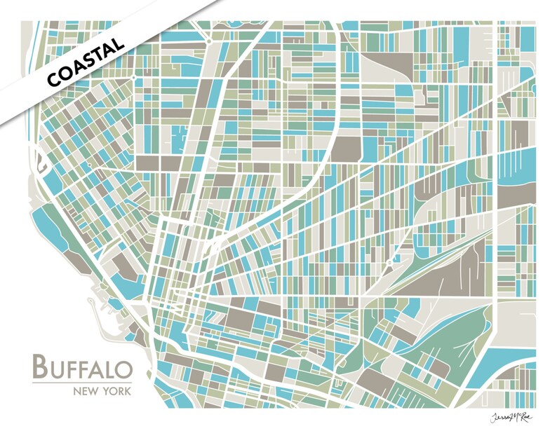 May include: A stylized map of Buffalo, New York, with a coastal theme. The map is divided into blocks of different colors, including blue, green, and brown. The word "COASTAL" is written in white on a gray rectangle in the upper left corner of the map. The words "BUFFALO" and "NEW YORK" are written in black at the bottom left corner of the map.