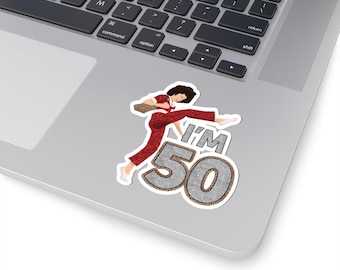 I'm 50 Sticker kiss-cut | Retro Woman Kick, 50th Birthday Decal