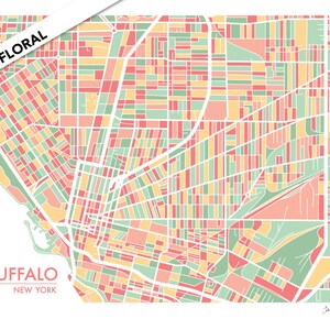 May include: A colorful map of Buffalo, New York, with a floral design. The map is divided into blocks of different colors, including pink, yellow, and green. The city name "BUFFALO" and the state name "NEW YORK" are printed in white at the bottom left corner of the map.