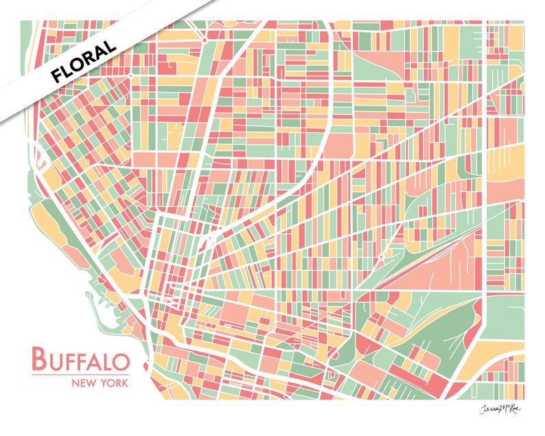 May include: A colorful map of Buffalo, New York, with a floral design. The map is divided into blocks of different colors, including pink, yellow, and green. The city name "BUFFALO" and the state name "NEW YORK" are printed in white at the bottom left corner of the map.