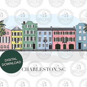 May include: A digital illustration of colorful houses with palm trees in front of them. The text "CHARLESTON, SC" is below the houses. The image is on a white background.
