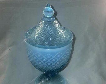 Vintage Fenton Glass Blue OPALESCENT HOBNAIL FOOTED Covered