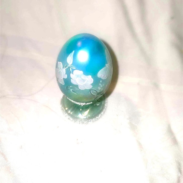 FENTON ART GLASS - Turquoise Decorated Egg on Pedestal