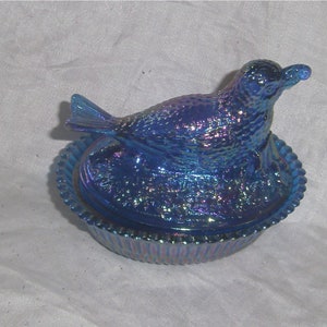 Summit Glass Company \u2013 Westmoreland Picnic Basket Covered Dish \u2013 Bermuda Blue Carnival Glass \u2013 1980's Summit Glass Company \u2013 Westmoreland Picnic Basket Covered Dish \u2013 Bermuda Blue Carnival Glass \u2013 1980's