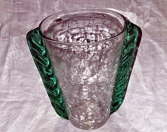 BLENKO – Crystal Crackle with Green Riggarree 7” Vase