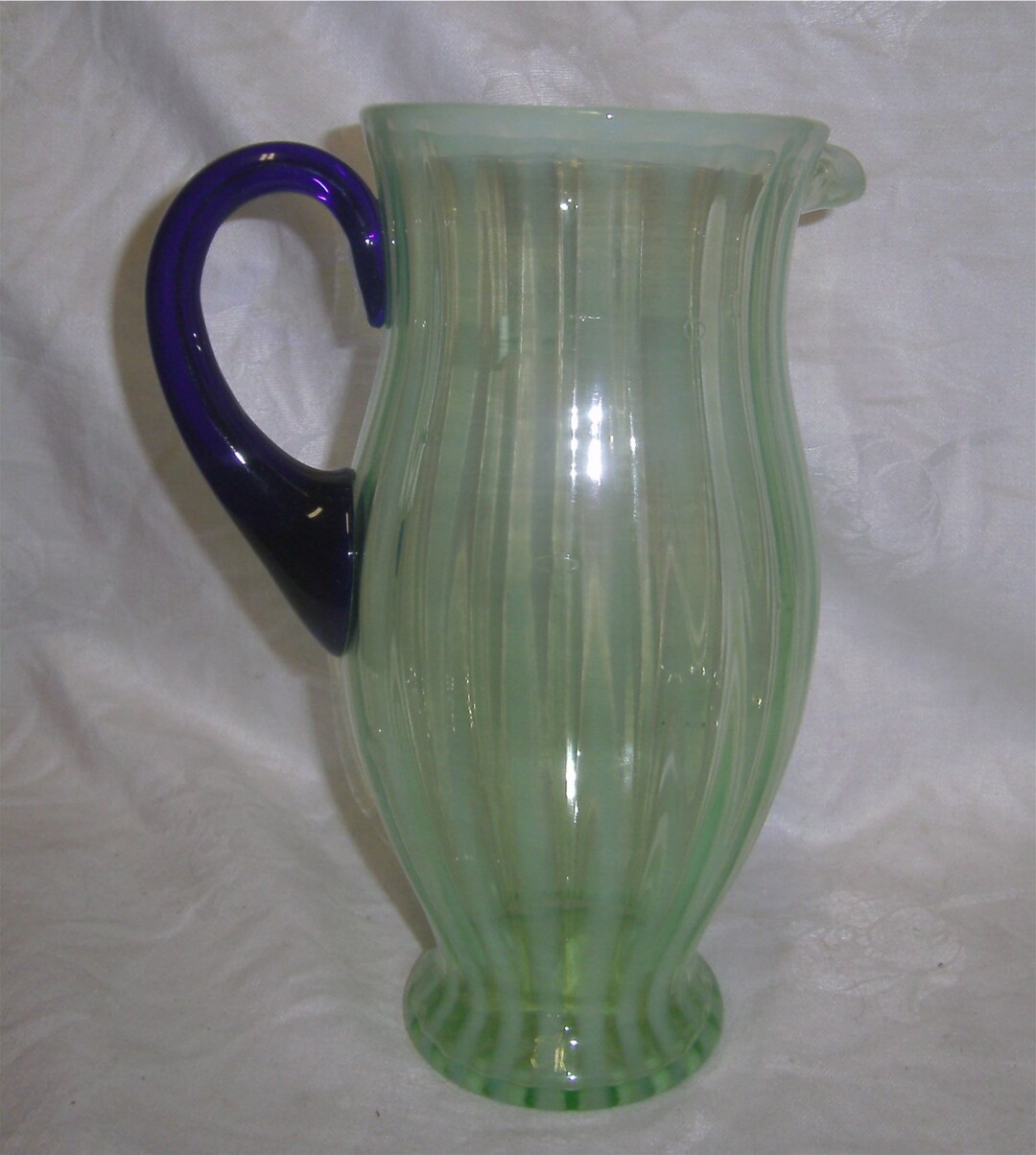 FENTON ART GLASS Green Opalescent W/cobalt Handle Rib Optic Etsy
