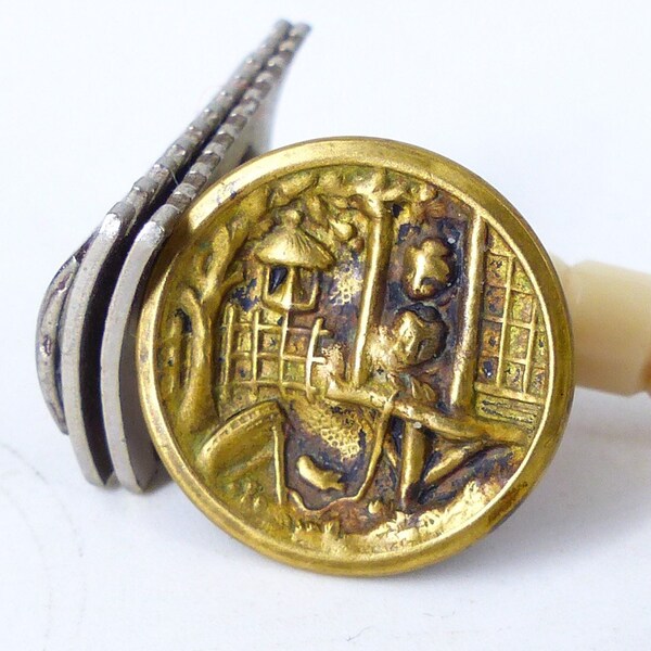 Shop pick Antique circa. 1900 Victorian"Beautiful Woman & her Garden" repurposed as a magnetic tie tack or lapel pin with silk covered back.