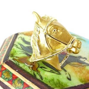 Cool little gold western horse head tie tack or lapel pin with rope halter details. Pinch pin back. Free gift packaging.