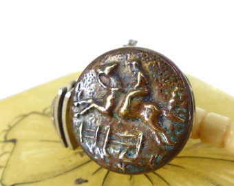 Antique circa. 1900 equestrian "Horse Jumping Fence" repurposed as a magnetic tie tack, scarf or lapel pin with a fabric covered back button