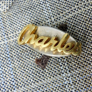 Mid century style upcycled two tone &quot;Charles&quot;, magnetic tie tack, lapel pin or Hat pin. Mag TAK in silver and gold. Silk covered back button