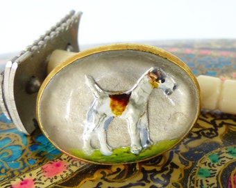 Upcycled vintage reverse carved painted glass intaglio terrier standing dog magnetic MagTAK silk covered back button. Packaged as a gift