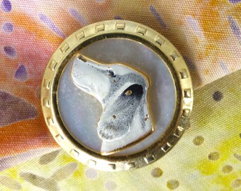 Magnetic tie tack or lapel pin raised pointer dog profile in gold with mother of pearl background. Silk covered back button. Gift packaged