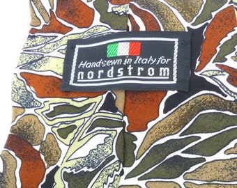 Vintage handsewn in Italy for Nordstrom Art Camo silk necktie in brown, rust & camo green