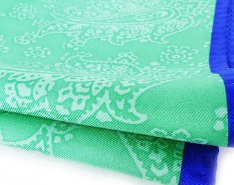 Vintage brilliant blue border, spring green paisley center buttery silk pocket square with a sweet rolled hem.