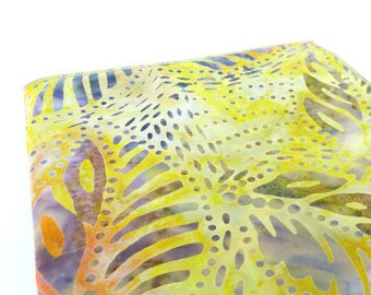 Beautiful casual Batik cotton pocket square. Pale golden yellow leaf pattern with details in peachy pink and purple. Free gift packaging