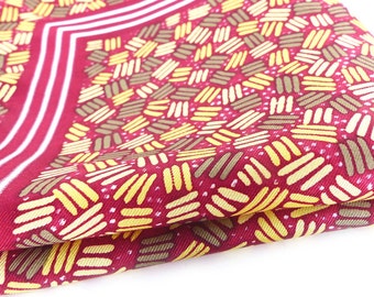Vintage dead stock European Silk Pocket Scarf. Cranberry, vanilla and gold abstract design with contrast stitch hem. Free gift packaging
