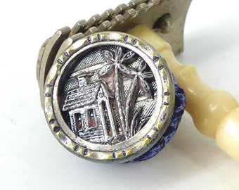 Upcycled  antique circa 1900 "Pavilion among the Palms"  repurposed as a magnetic tie tack or lapel pin with silk covered back button.