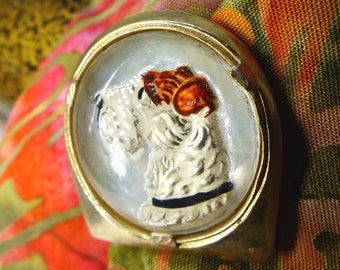 Upcycled vintage reverse carved painted glass intaglio terrier dog head profile magnetic MagTAK silk covered back button. Gift packaged