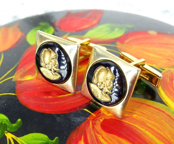 Groom gift, special gold and black vintage detailed Roman soldier cufflinks. Gold carving under glass. Free gift packaging View 5