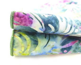 Beautiful casual Batik cotton summer pocket square. Magenta, blue and green water color effect.  Loop stitched edges.