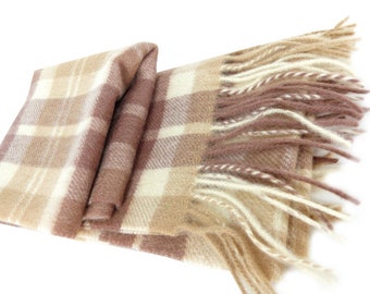 His or Her super soft cashmere oblong scarf, neck warmer, muffler. Timeless plaid in mocha and cream with tassel ends
