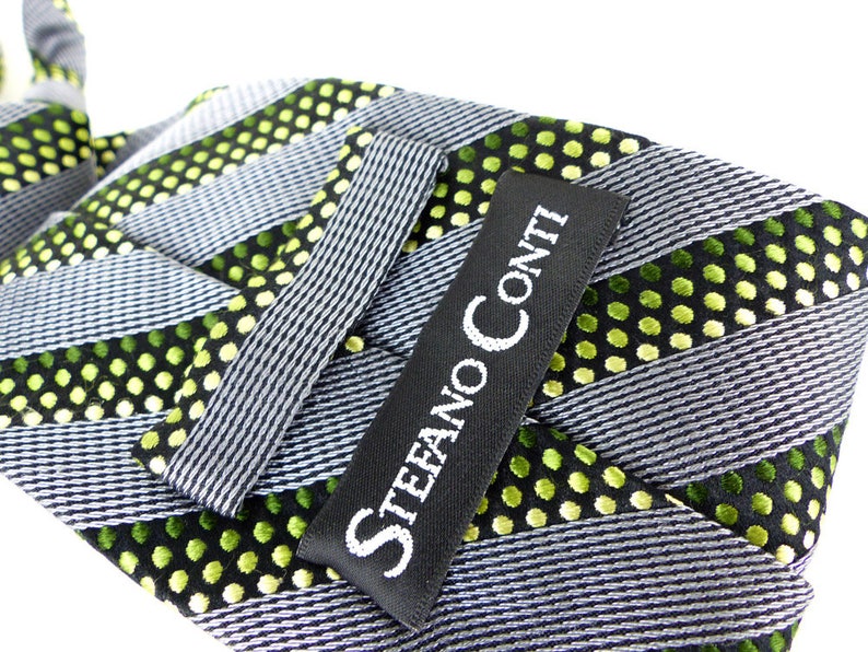 Modern woven silk necktie by Stefano Conti Diagonal stripes in silver gray and black with dot pattern in shades of green