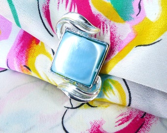 Mad Men Mod luster blue aqua with silver leaves Mag TAK magnetic scarf brooch. Don't poke holes in your fabrics. Packaged as a gift.