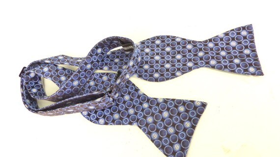 Black and shades of blue mod polka dot silk bow t… - image 1