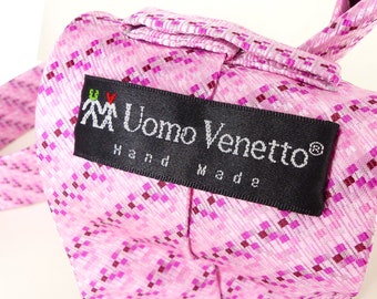 His or hers pink and raspberry woven tiny square design silk feel microfiber necktie. Hand made By Uomo Venetto.  Packaged as a gift.