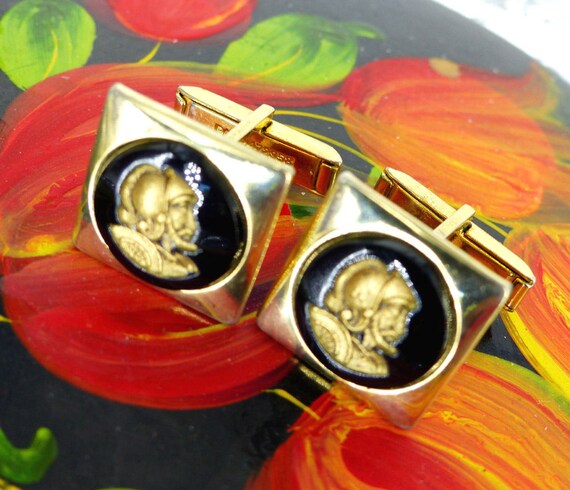 Groom gift, special gold and black vintage detailed Roman soldier cufflinks. Gold carving under glass. Free gift packaging View 6