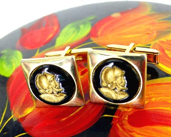 Groom gift, special gold and black vintage detailed Roman soldier cufflinks. Gold carving under glass. Free gift packaging View 4