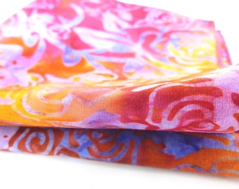 Beautiful casual Batik cotton summer pocket square.Amazing pinks, purples and orange shown with a Mag TAK magnetic leather lapel flower.