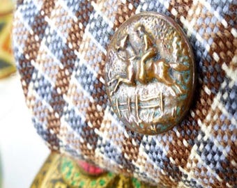 Antique Equestrian brass relief repurposed button Circa 1900. Fabric covered back magnetic button. Lapel pin & Tie tack. Gift packaged