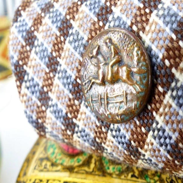 Antique Equestrian brass relief repurposed button Circa 1900. Fabric covered back magnetic button. Lapel pin & Tie tack. Gift packaged